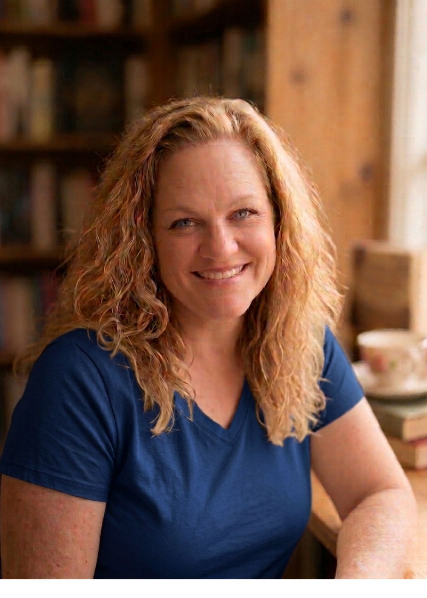 Author Tina Gallagher smiling in a blue top